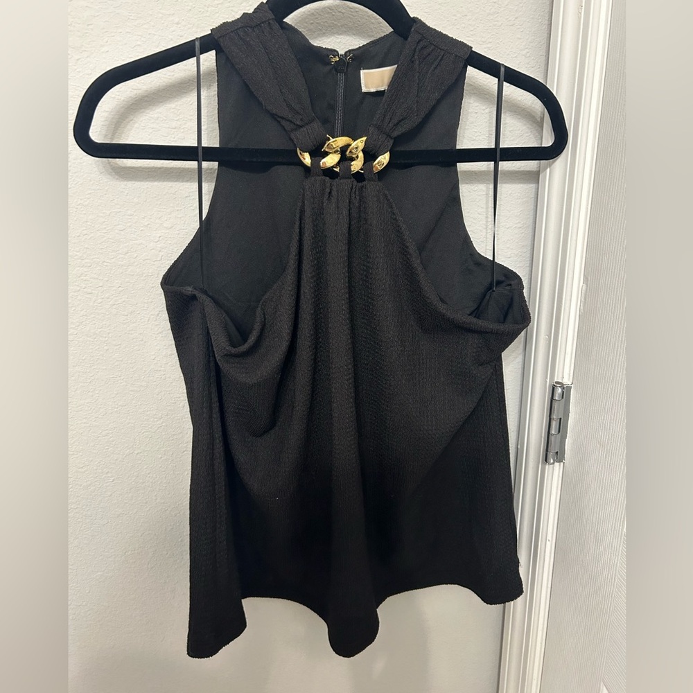 Michael Kors, black blouse with gold chain at neck zip up back size medium used